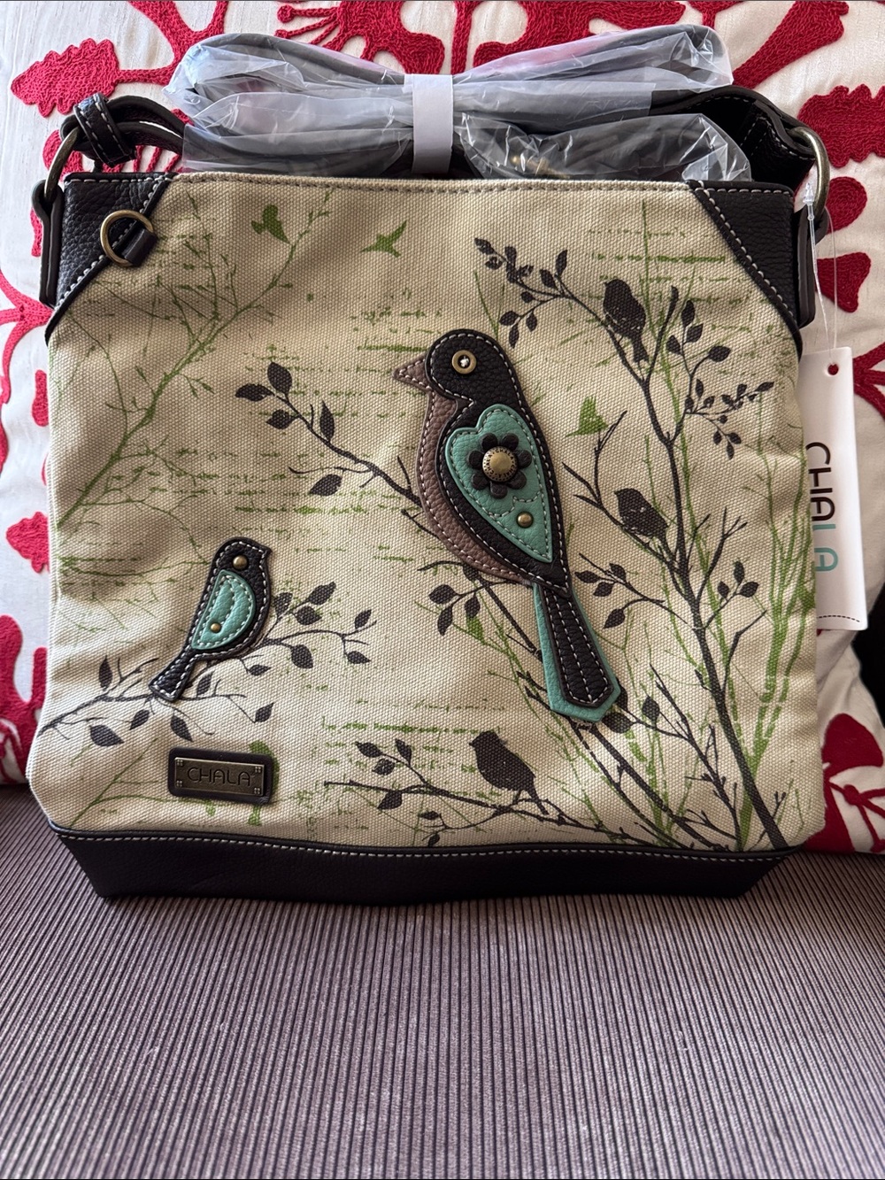 Chala Cream Canvas Shoulder Bag with Aqua Bird Appliqué